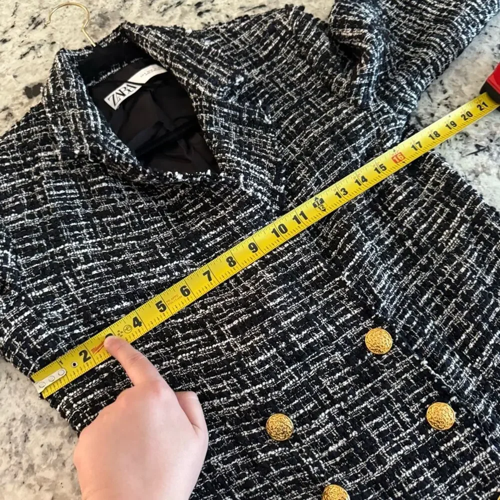 Zara Black Double Breasted Textured Tweed Blazer Small